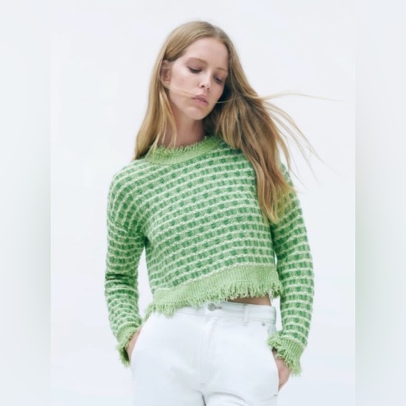 Zara Sweaters - Zara Green Frayed Knit Tweed Sweater